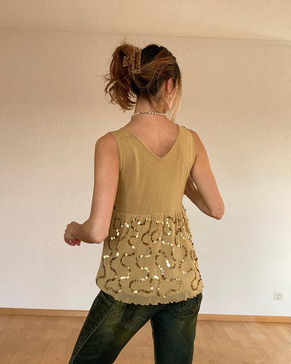 Goldenes Pailletten Top mit Nieten in Metall bronze, Mesh Stoff, M, L