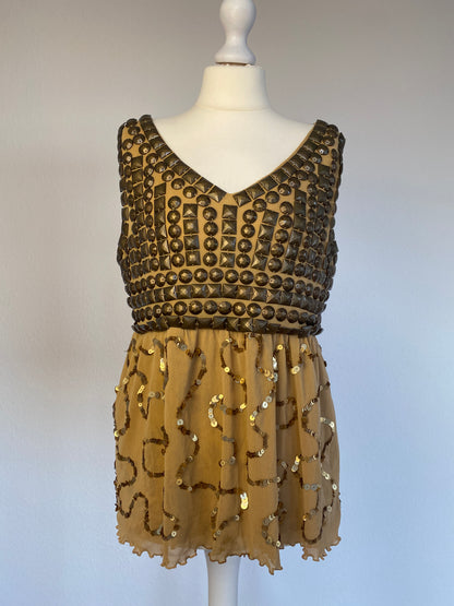 Goldenes Pailletten Top mit Nieten in Metall bronze, Mesh Stoff, M, L
