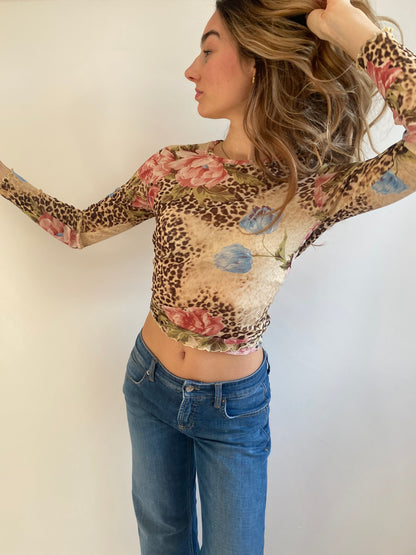 Mesh Shirt Longsleeve Leo Optik mit floralen Blumen, S