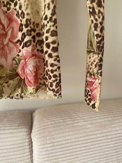 Mesh Shirt Longsleeve Leo Optik mit floralen Blumen, S