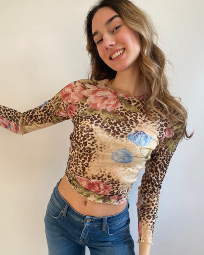Mesh Shirt Longsleeve Leo Optik mit floralen Blumen, S