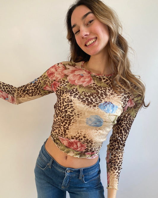Mesh Shirt Longsleeve Leo Optik mit floralen Blumen, S