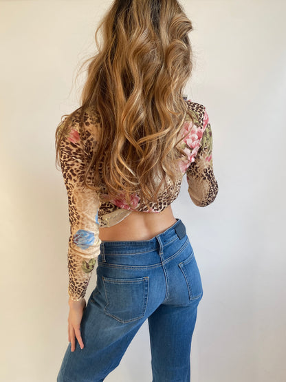 Mesh Shirt Longsleeve Leo Optik mit floralen Blumen, S