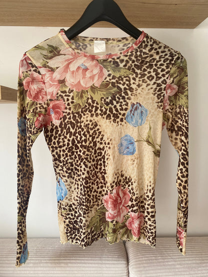 Mesh Shirt Longsleeve Leo Optik mit floralen Blumen, S