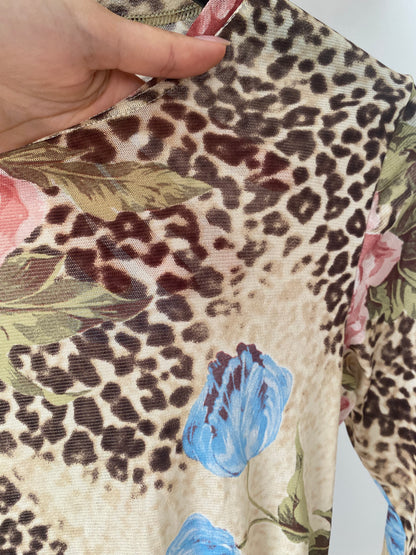 Mesh Shirt Longsleeve Leo Optik mit floralen Blumen, S