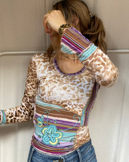 Traumhaftes multicolor verziertes Longsleeve Trompetenärmel, S