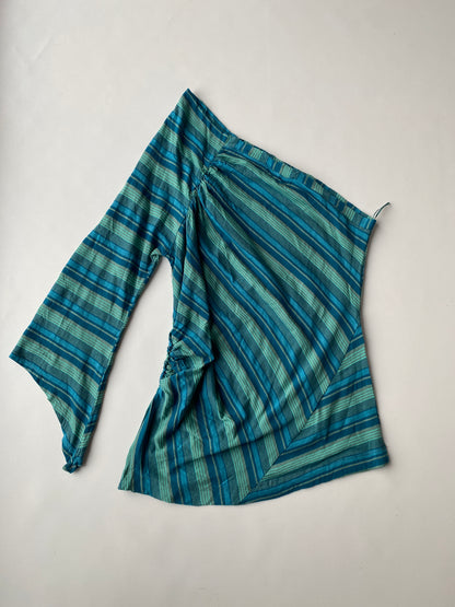 Offshoulder asymmetrisches Shirt in Türkis blau gestreift, L