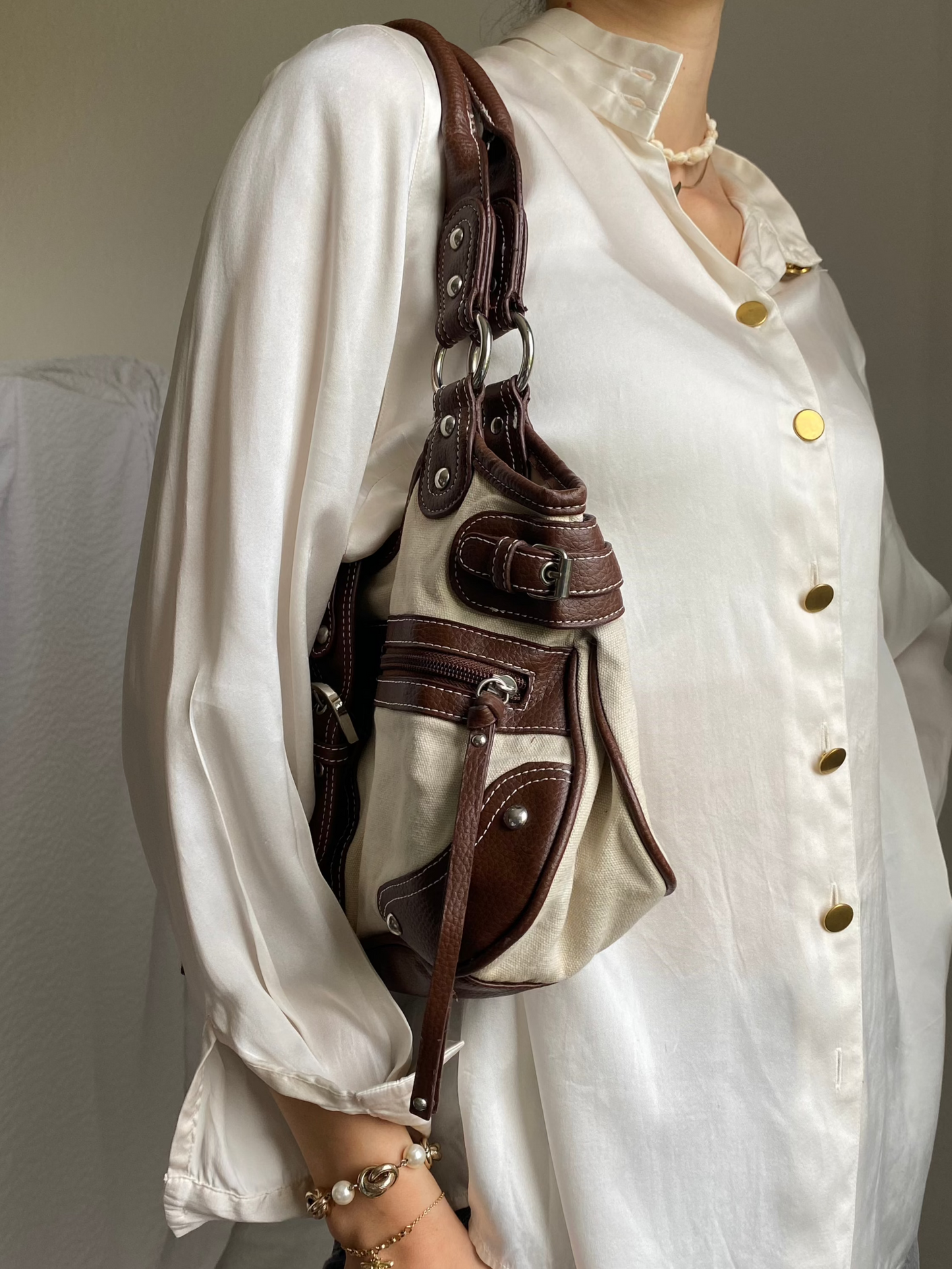 Handtasche mit Schnalle, Stoff Kunstleder Mix, beige braun