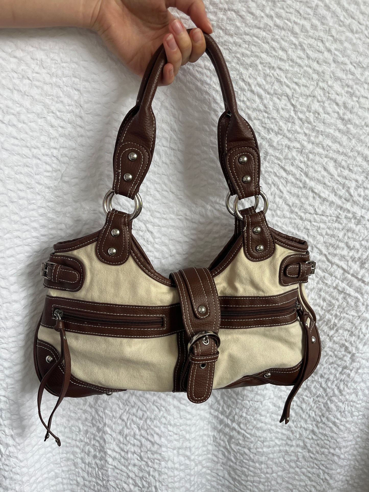 Handtasche mit Schnalle, Stoff Kunstleder Mix, beige braun