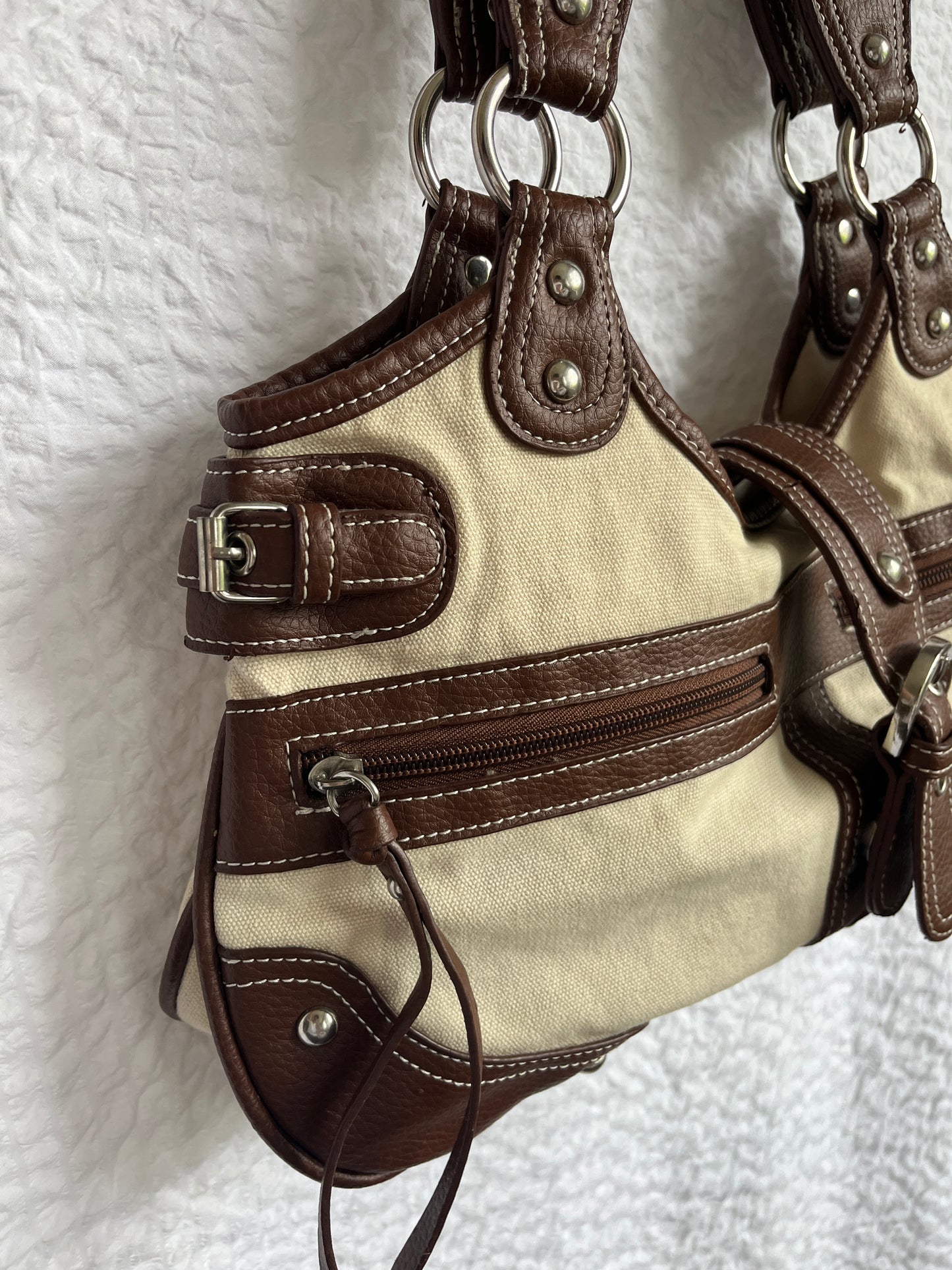 Handtasche mit Schnalle, Stoff Kunstleder Mix, beige braun