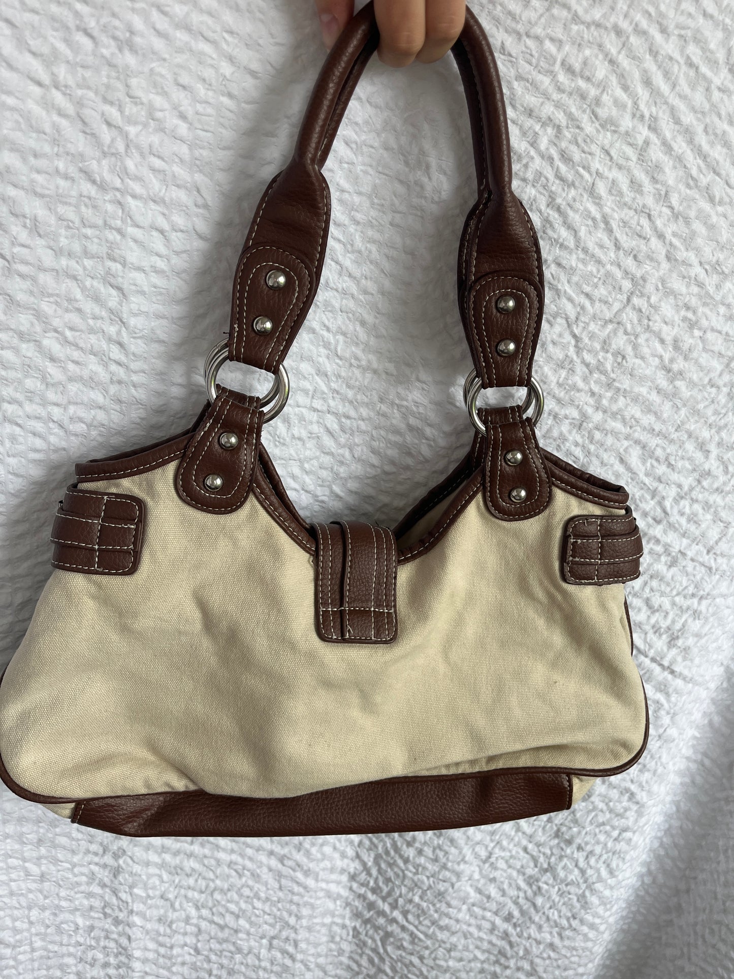 Handtasche mit Schnalle, Stoff Kunstleder Mix, beige braun