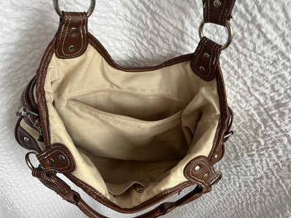 Handtasche mit Schnalle, Stoff Kunstleder Mix, beige braun