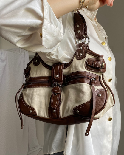 Handtasche mit Schnalle, Stoff Kunstleder Mix, beige braun