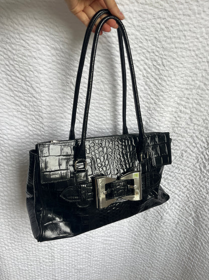 Italienische Vintage Echtleder Handtasche schwarz Kroko Stil glänzend