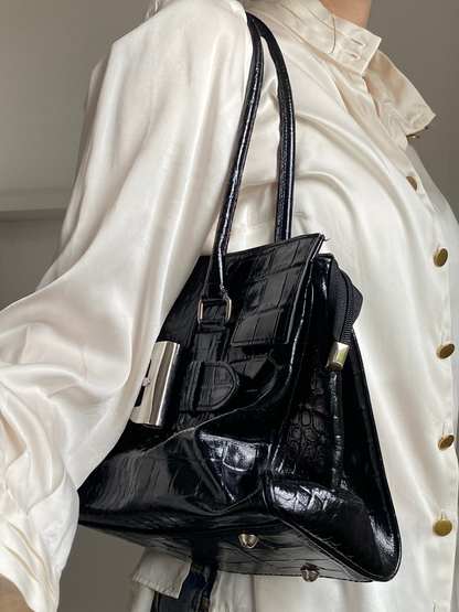 Italienische Vintage Echtleder Handtasche schwarz Kroko Stil glänzend