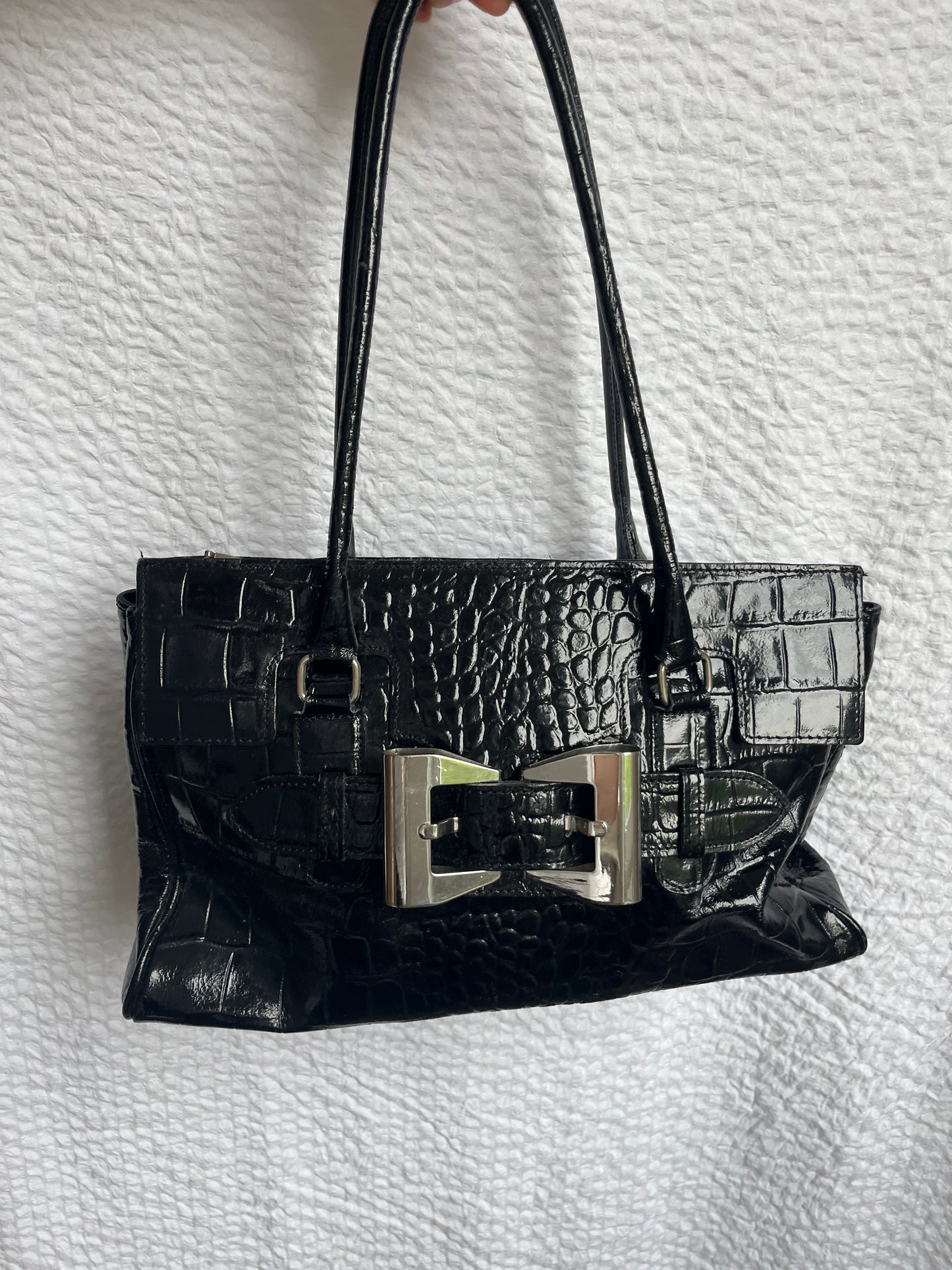 Italienische Vintage Echtleder Handtasche schwarz Kroko Stil glänzend