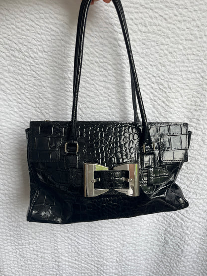 Italienische Vintage Echtleder Handtasche schwarz Kroko Stil glänzend