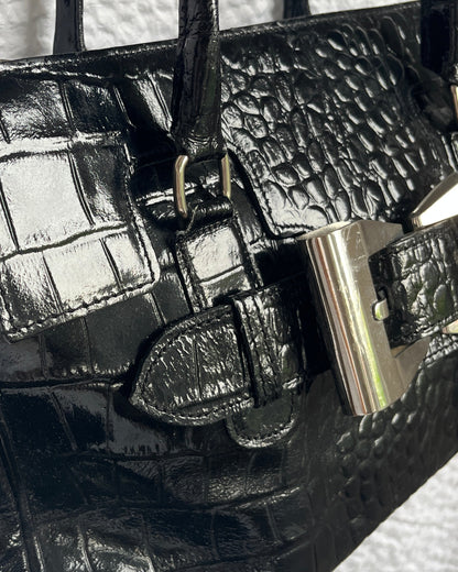 Italienische Vintage Echtleder Handtasche schwarz Kroko Stil glänzend