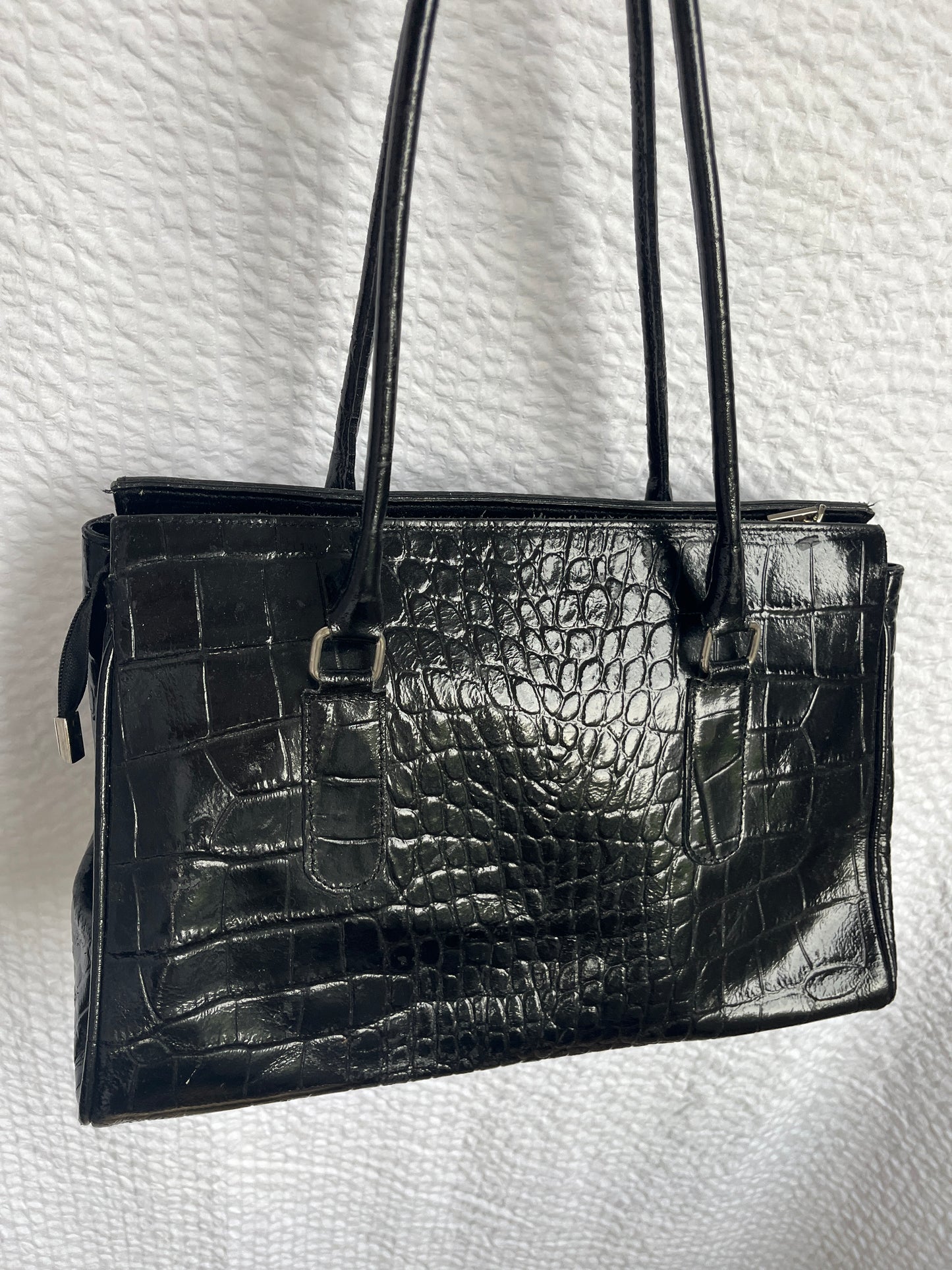 Italienische Vintage Echtleder Handtasche schwarz Kroko Stil glänzend