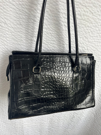 Italienische Vintage Echtleder Handtasche schwarz Kroko Stil glänzend