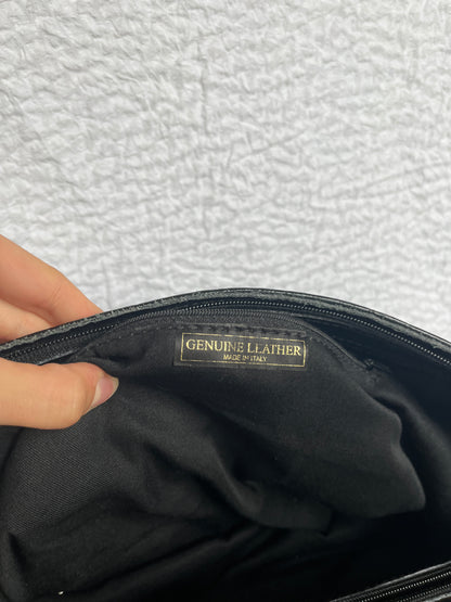 Italienische Vintage Echtleder Handtasche schwarz Kroko Stil glänzend