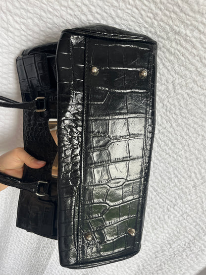 Italienische Vintage Echtleder Handtasche schwarz Kroko Stil glänzend