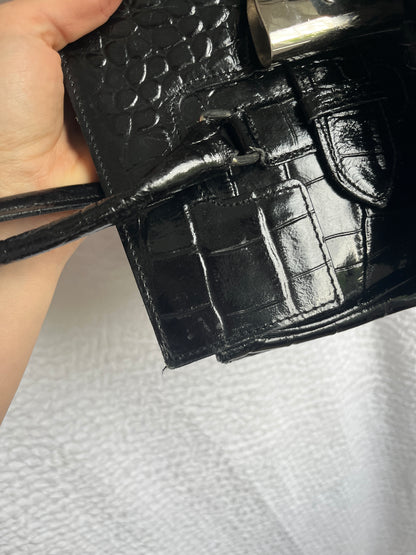 Italienische Vintage Echtleder Handtasche schwarz Kroko Stil glänzend