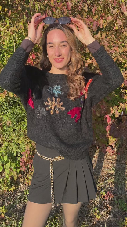 Mohair 80er Jahre Pullover mit Kunstfellbesatz und Verzierungen, schwarz, S,M