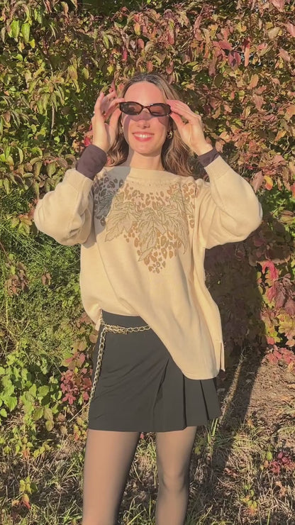 Da Capo Retro Merinowolle Sweater in beige, verziert, oversize S,M,L