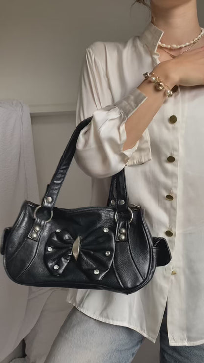 y2k Handtasche schwarz mit Schleife und Glitzer-Strass-Steinen