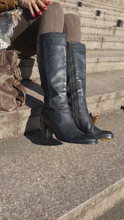 Marc'o Polo Leder Langschaft-Stiefel mit Absatz in schwarz, Gr. 40