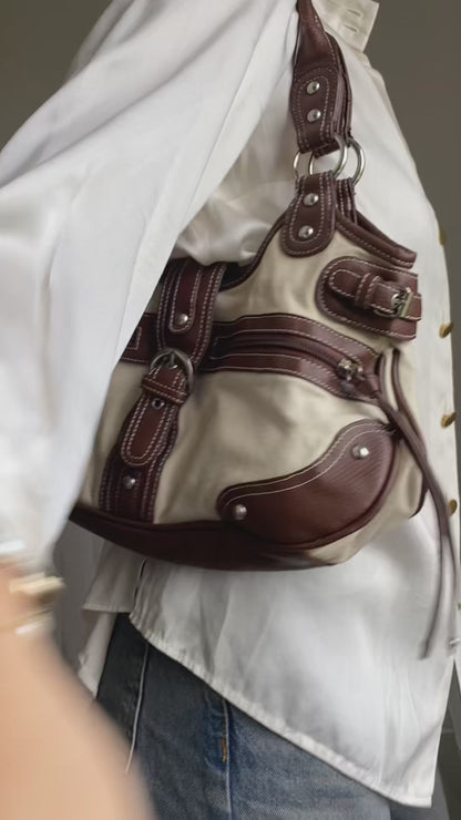 Handtasche mit Schnalle, Stoff Kunstleder Mix, beige braun