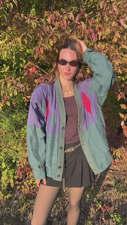 Seide Jacke Blouson Retro Farbmix grün blau rot, oversize, S,M,L,XL