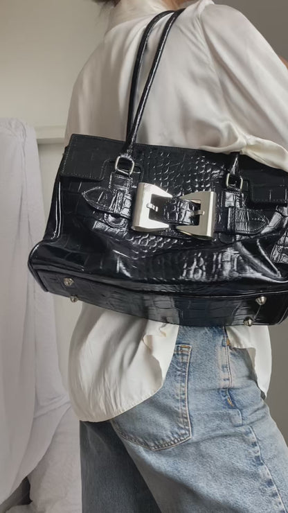 Italienische Vintage Echtleder Handtasche schwarz Kroko Stil glänzend