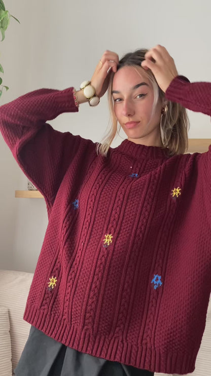 Vintage Zopfstrick Pullover in weinrot mit Stickerei, oversize, S,M,L