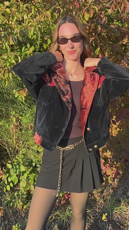 Samt Blazer-Bomberjacke 90er Jahre in schwarz weinrot, S