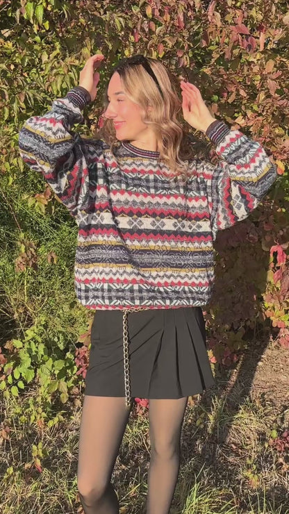 Bunt gemusterter retro Strickpullover, geometrisches Muster multicolor, S,M,L